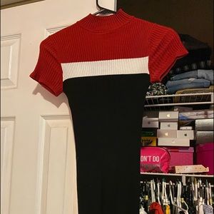 Red white and black striped mini dress